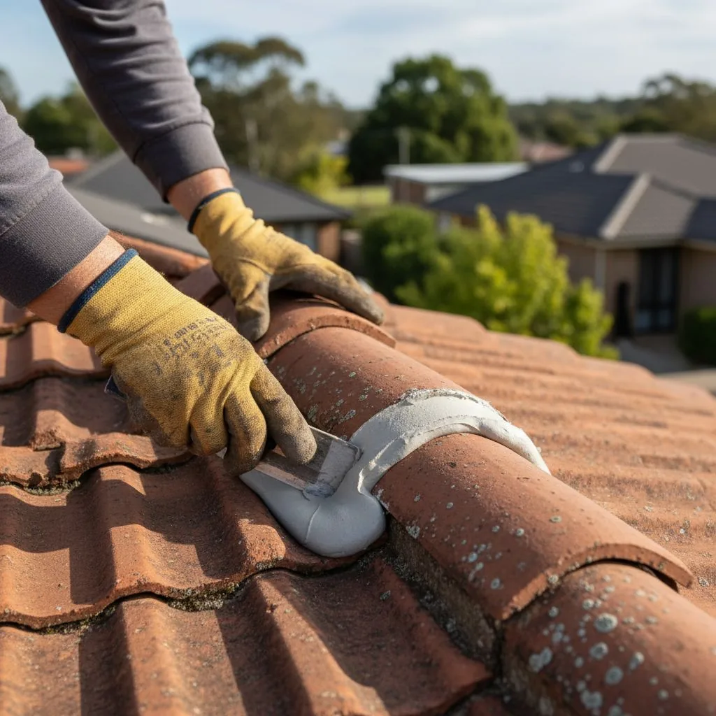 Close view of terracotta roof tiles beside a ridge cap with fresh pointing material